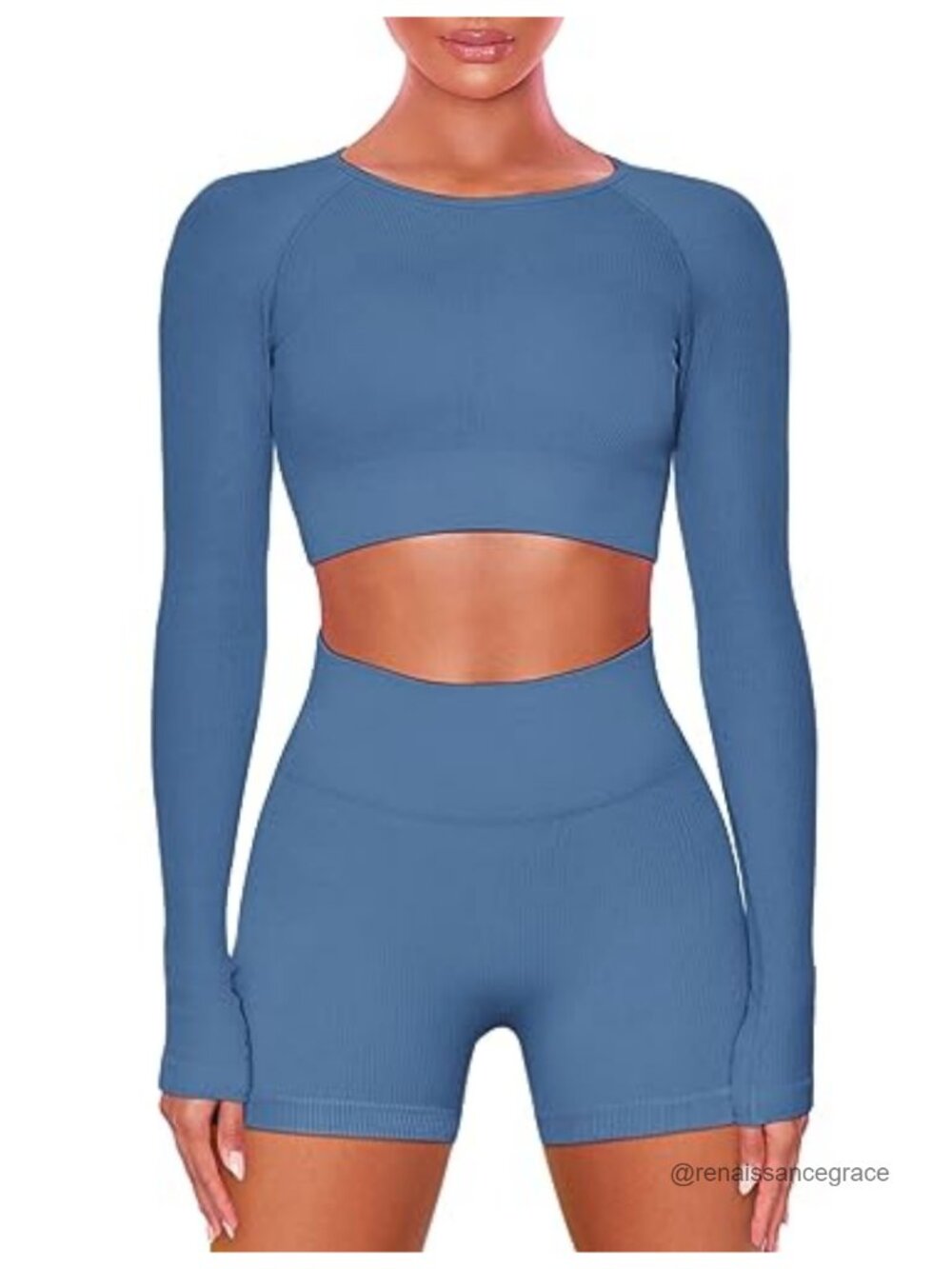 Women Ribbed Workout Set 2 Piece Long Sleeve Crop Top Leggings Seamless
